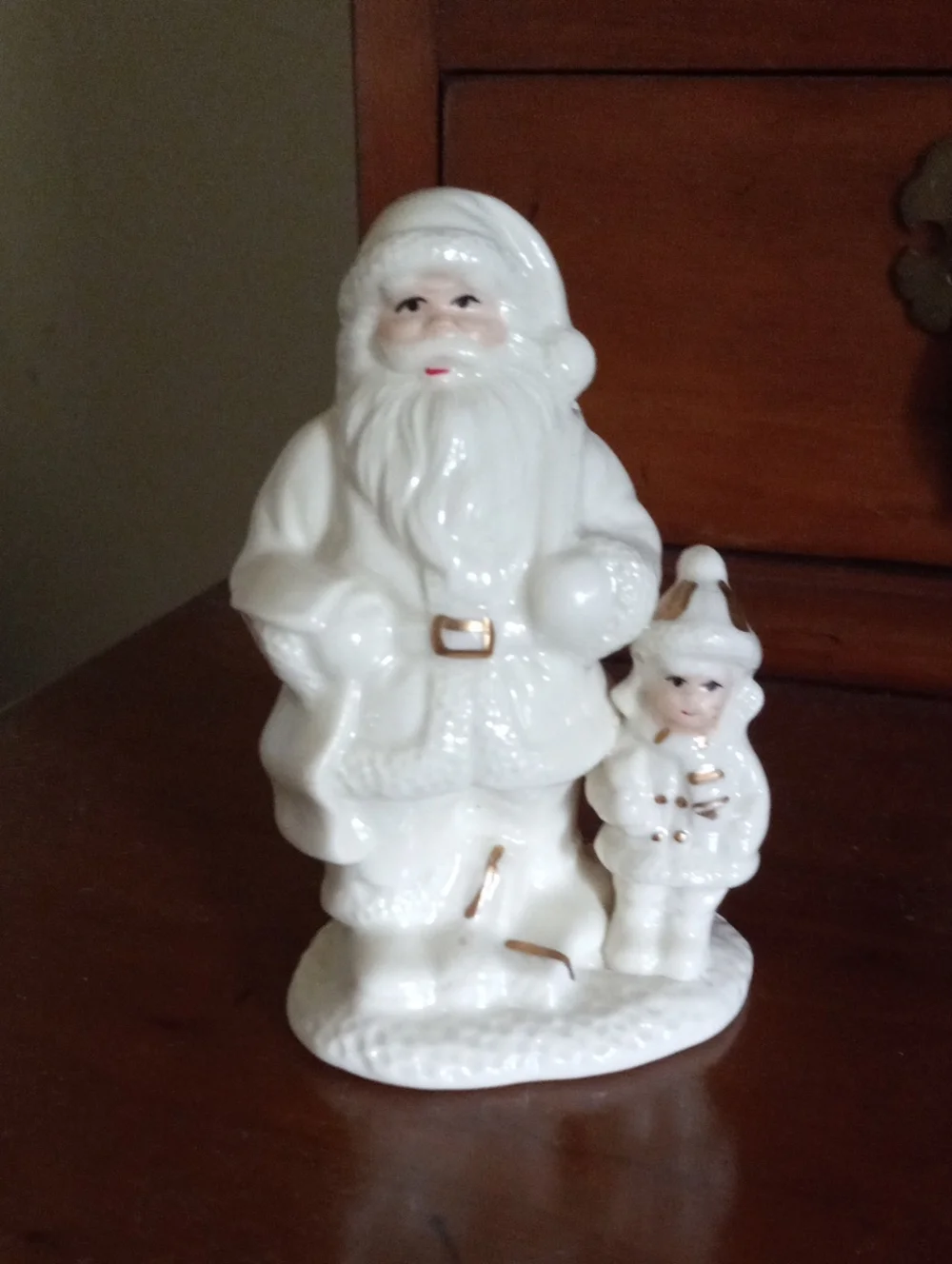 White Gold Ceramic Santa Claus with Child Figurine Holiday Decor